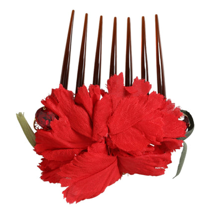 Red Silk Floral Gold Brass Women Hair Comb