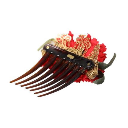 Red Silk Floral Gold Brass Women Hair Comb