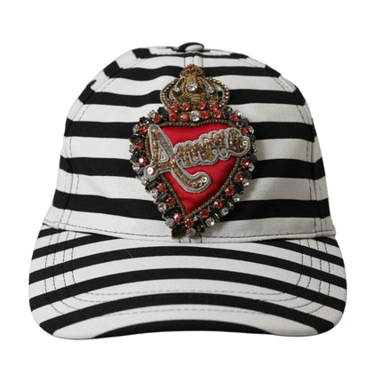 Black White Stripe Amore Heart Applique Baseball Hat