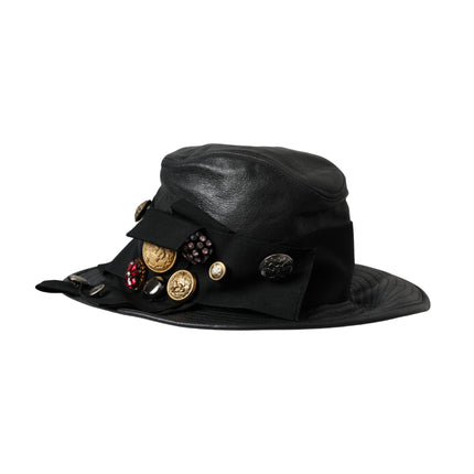 Black Leather DG Coin Crystal Wide Brim Hat