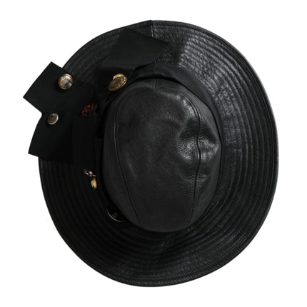 Black Leather DG Coin Crystal Wide Brim Hat