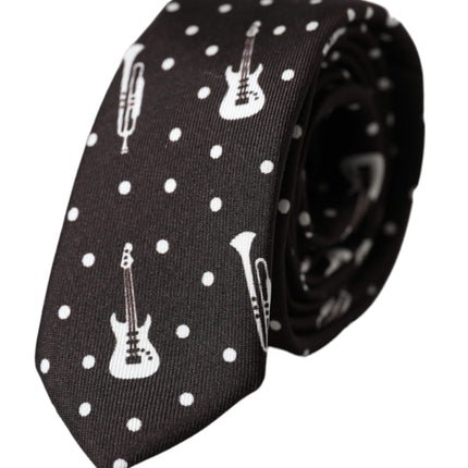 Black Guitar Print Silk Adjustable Tie