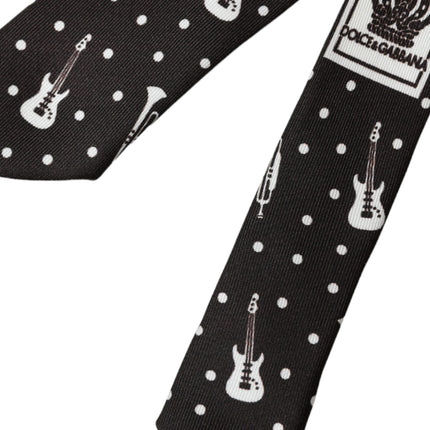 Black Guitar Print Silk Adjustable Tie