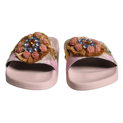 Pink Brocade Crystal Sandals Slides Beachwear Shoes