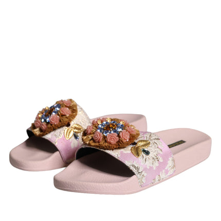 Pink Brocade Crystal Sandals Slides Beachwear Shoes