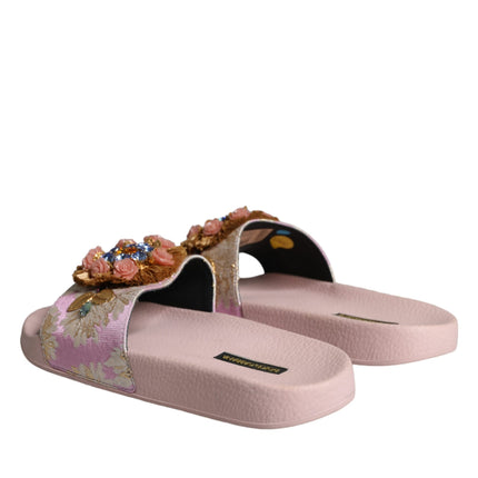 Pink Brocade Crystal Sandals Slides Beachwear Shoes