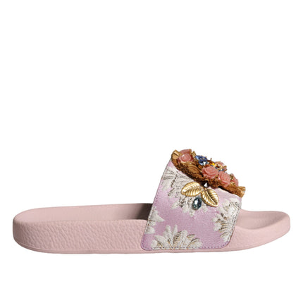 Pink Brocade Crystal Sandals Slides Beachwear Shoes