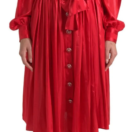 Elegant Red Silk Midi Dress with Button Detail