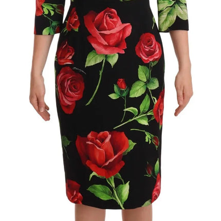 Black Red Roses Sheath Silk Stretch Dress