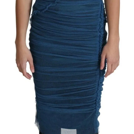 Blue Draped Tulle Midi Sheath Cotton Dress