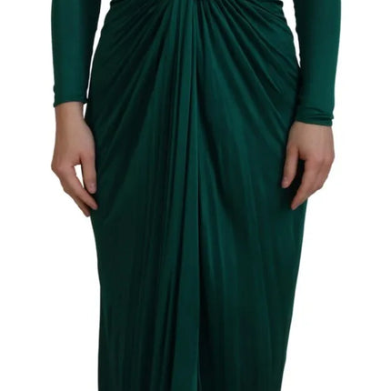 Dark Green Viscose Long Sleeve Midi Dress