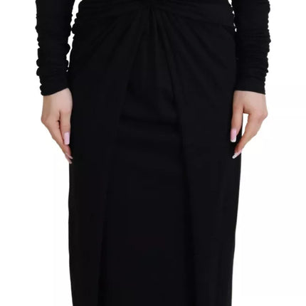 Black Sheath Midi Gown Wool Wrap Dress