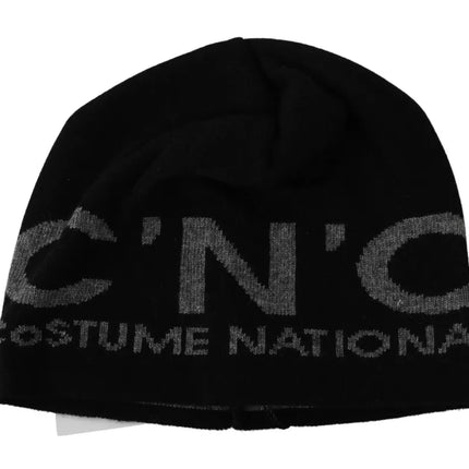 Black Wool Blend Branded Beanie Hat