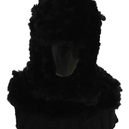 Black Silver Fox Fur Cashmere Hooded Scarf