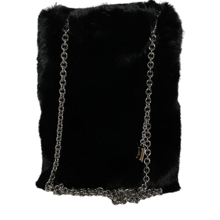 Black Faux Fur Silver Chain Crossbody Shoulder Purse Bag