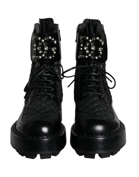 Black Quilted Crystal DG Logo Men Boots Shoes