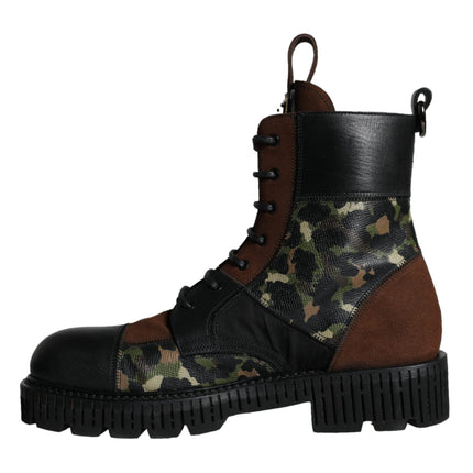 Brown Suede Camouflage Leather Combat Boots Shoes