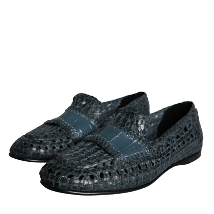 Blue Woven Leather Slip On Loafers Men Shoes