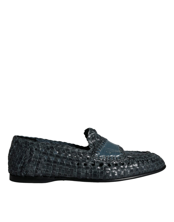 Blue Woven Leather Slip On Loafers Men Shoes