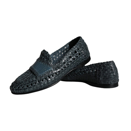 Blue Woven Leather Slip On Loafers Men Shoes