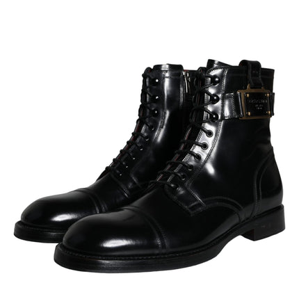 Black Logo Lace Up Mid Calf Men Boots Shoes