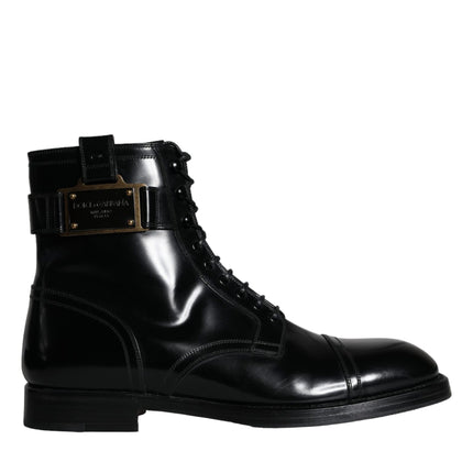 Black Logo Lace Up Mid Calf Men Boots Shoes