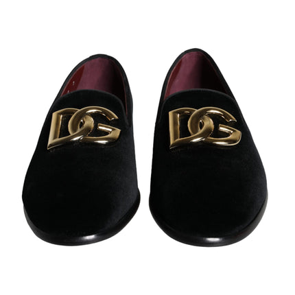 Black Velvet Cotton Logo Loafers Dress Shoes