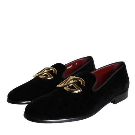 Black Velvet Cotton Logo Loafers Dress Shoes