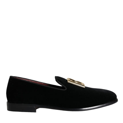 Black Velvet Cotton Logo Loafers Dress Shoes