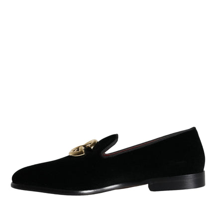 Black Velvet Cotton Logo Loafers Dress Shoes