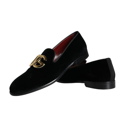 Black Velvet Cotton Logo Loafers Dress Shoes