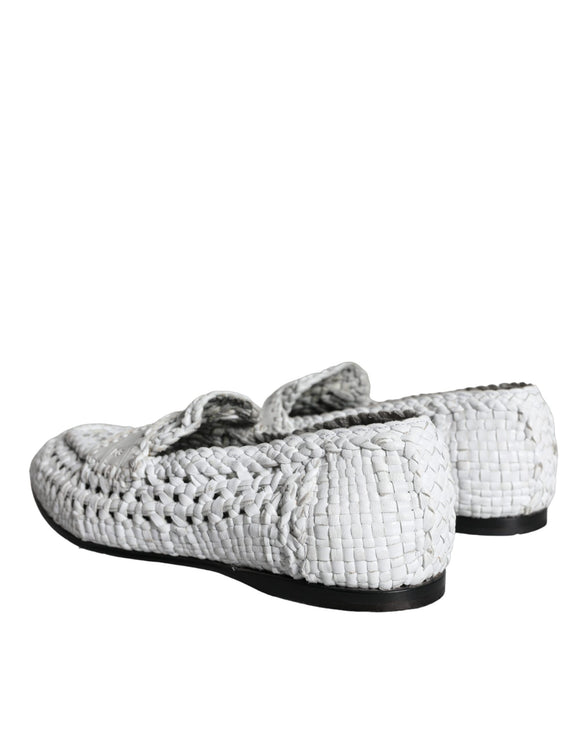 White Woven Leather Slip On Loafers Men Shoes