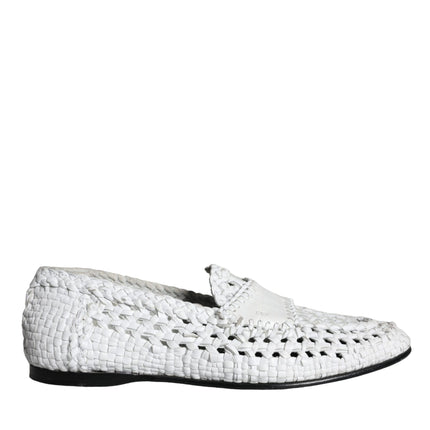 White Woven Leather Slip On Loafers Men Shoes