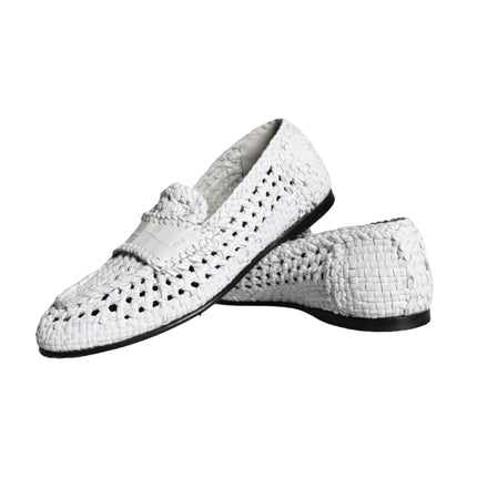 White Woven Leather Slip On Loafers Men Shoes