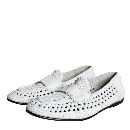 White Woven Leather Slip On Loafers Men Shoes