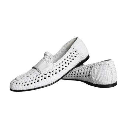 White Woven Leather Slip On Loafers Men Shoes