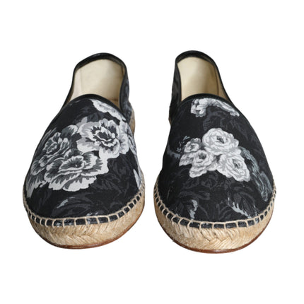 Black Floral Cotton Leather Espadrilles Shoes