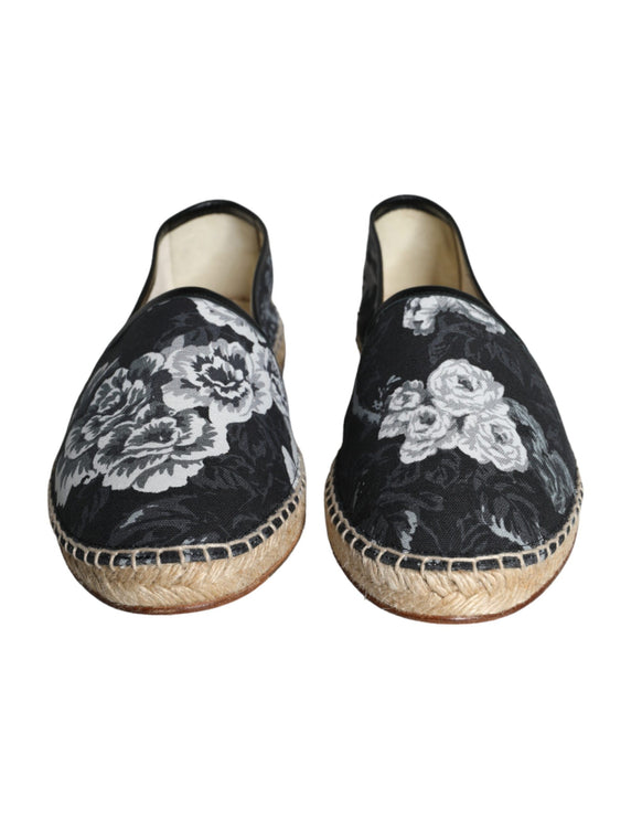 Black Floral Cotton Leather Espadrilles Shoes