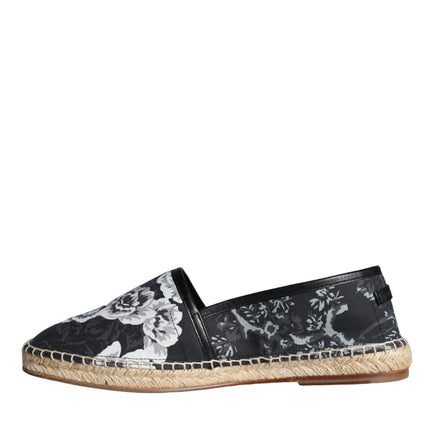 Black Floral Cotton Leather Espadrilles Shoes