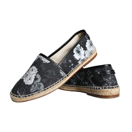 Black Floral Cotton Leather Espadrilles Shoes