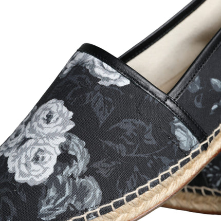 Black Floral Cotton Leather Espadrilles Shoes