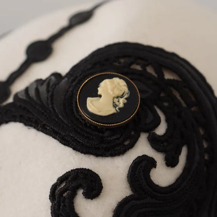 White Black Wool Embroidered Cameo Brooch Hat