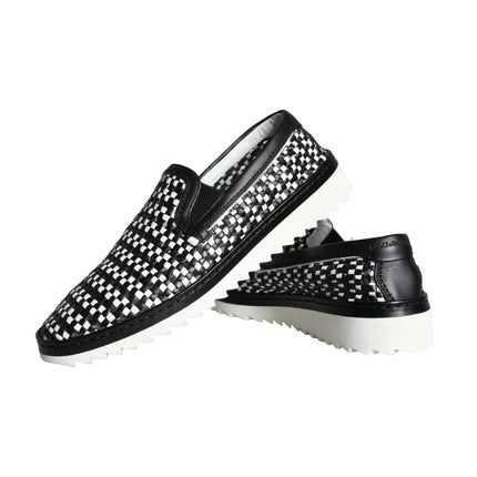 Black White Weaved Slip On Men Loafers Shoes