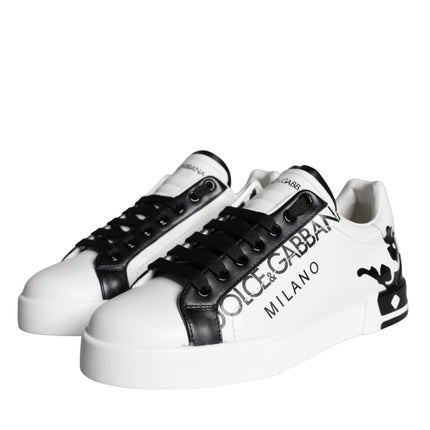 White Black Leather Crown Milano Sneakers Shoes