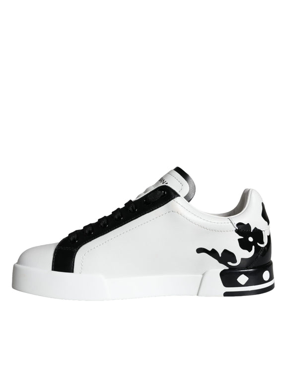 White Black Leather Crown Milano Sneakers Shoes