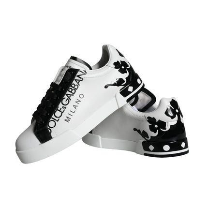 White Black Leather Crown Milano Sneakers Shoes