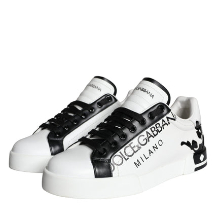 White Black Leather Crown Milano Sneakers Shoes