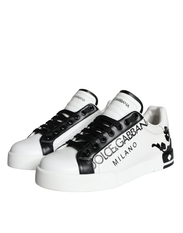 White Black Leather Crown Milano Sneakers Shoes