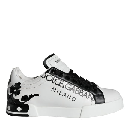 White Black Leather Crown Milano Sneakers Shoes