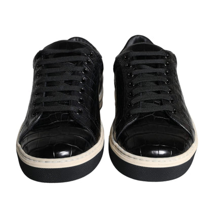 Black Leather Men Low Top Sneakers Shoes